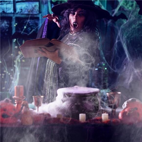 Halloween Mist Maker Fogger 8" Witch Cauldron Kettle with Handle 12 LED Lights - Picture 6 of 7